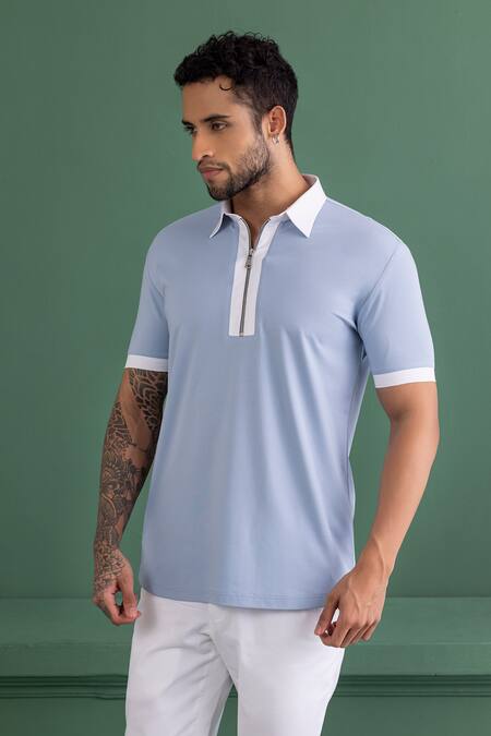 Amit Arora Sky Blue Cotton Embroidery Polo Neck Threadwork T-shirt Online at Aza Fashions Amit Arora_Sky Blue Cotton Embroidery Polo Neck Threadwork T-shirt_Online_at_Aza_Fashions