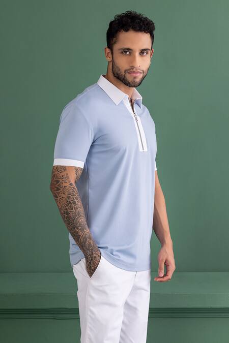 Buy Amit Arora Sky Blue Cotton Embroidery Polo Neck Threadwork T-shirt Online at Aza Fashions Buy_Amit Arora_Sky Blue Cotton Embroidery Polo Neck Threadwork T-shirt_Online_at_Aza_Fashions