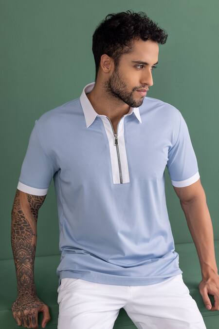 Shop Amit Arora Sky Blue Cotton Embroidery Polo Neck Threadwork T-shirt Online at Aza Fashions Shop_Amit Arora_Sky Blue Cotton Embroidery Polo Neck Threadwork T-shirt_Online_at_Aza_Fashions
