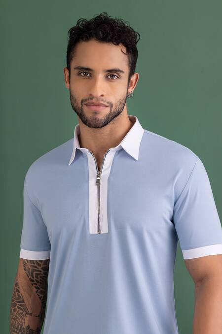 Amit Arora Sky Blue Cotton Embroidery Polo Neck Threadwork T-shirt at Aza Fashions Amit Arora_Sky Blue Cotton Embroidery Polo Neck Threadwork T-shirt_at_Aza_Fashions