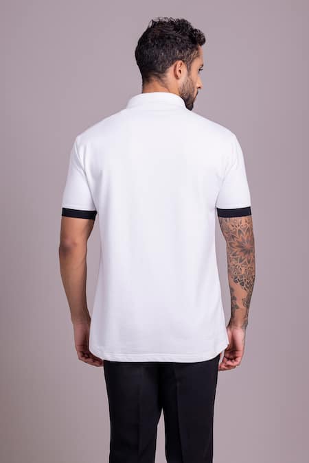 Shop_Amit Arora_White Cotton Embroidery Placed Threadwork T-shirt _at_Aza_Fashions