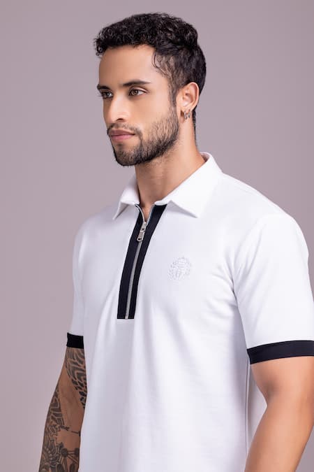 Shop_Amit Arora_White Cotton Embroidery Placed Threadwork T-shirt _Online_at_Aza_Fashions