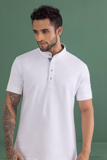 Buy_Amit Arora_White Cotton Embroidery Mandarin Collar T-shirt 