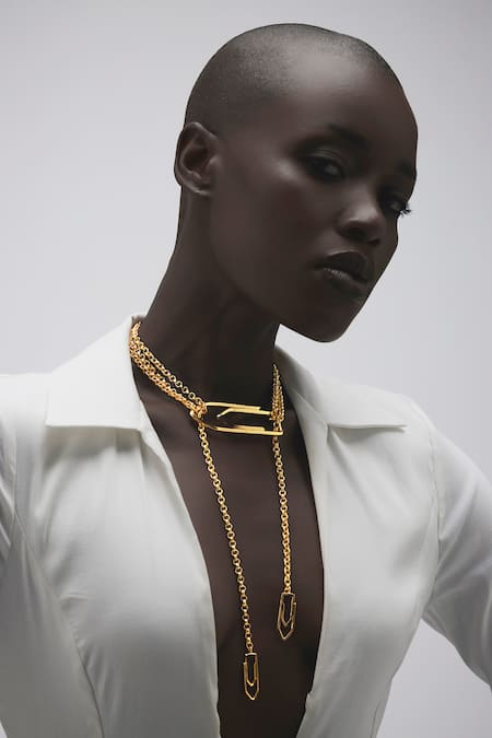 Shop_Anaash_Gold Plated Paper Clip Lasso Necklace_Online_at_Aza_Fashions