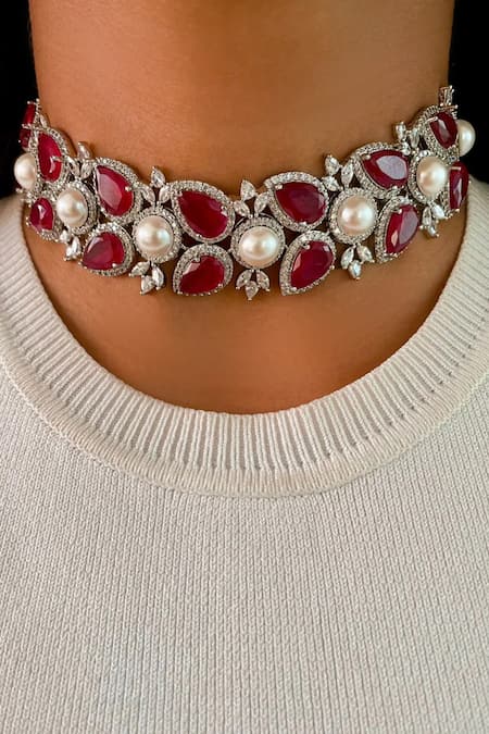 Prerto Ruby Leaflet Pearly Choker 