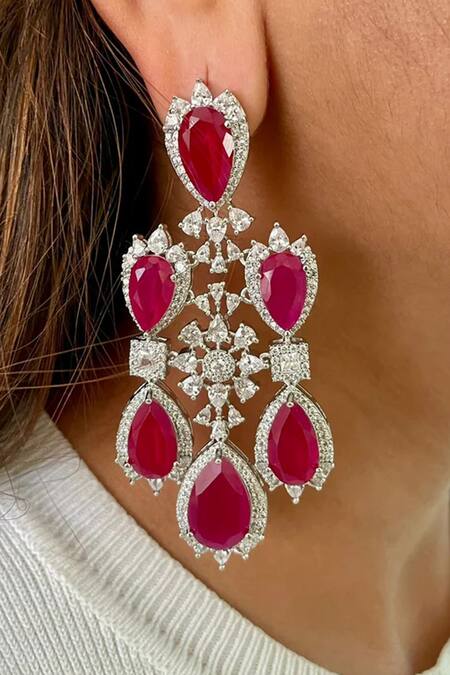 PRERTO_Red Stones, Crystals Infinite Ruby Swarovski Floral Necklace Set_Online_at_Aza_Fashions