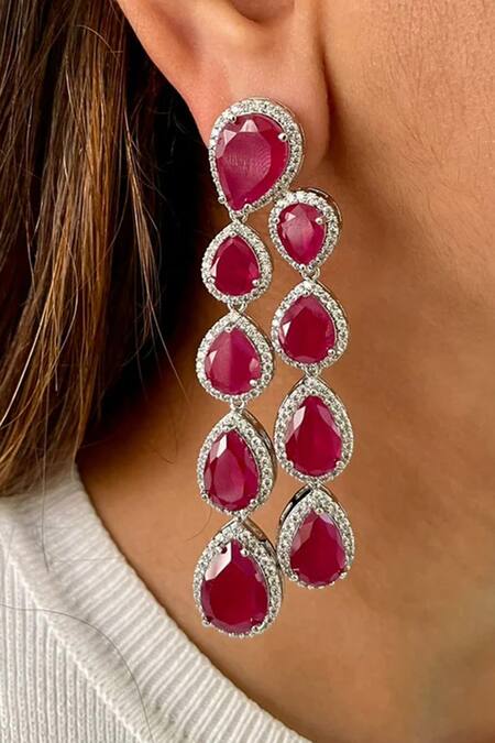 PRERTO_Red Smocking, Crystals, Stones Layered Ruby Tear Drop Necklace Set_Online_at_Aza_Fashions