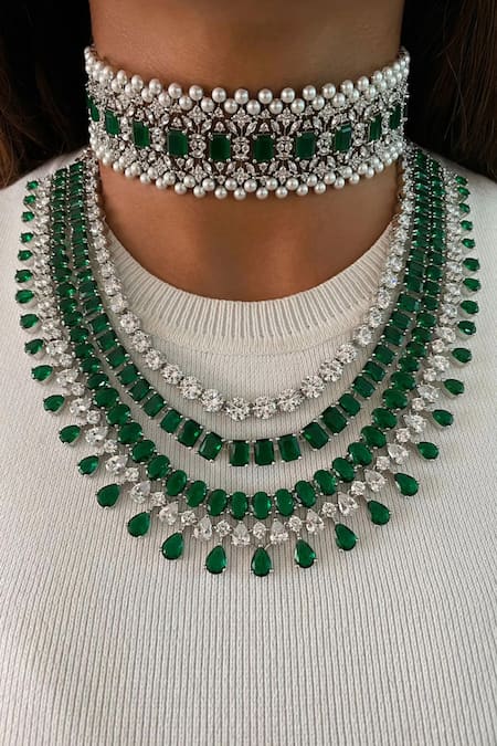 PRERTO Green Pearls, Stones, Maharani Emerald Swarovski Choker Layered Necklace Set 