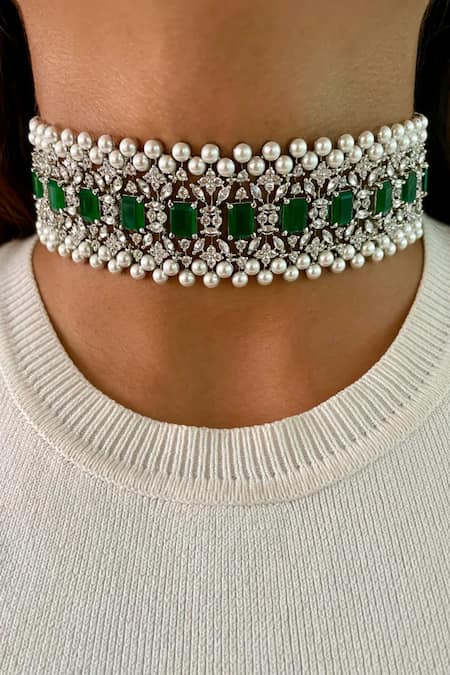 Shop PRERTO Green Pearls, Stones, Maharani Emerald Swarovski Choker Layered Necklace Set at Aza Fashions Shop_PRERTO_Green Pearls, Stones, Maharani Emerald Swarovski Choker Layered Necklace Set _at_Aza_Fashions