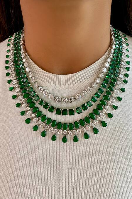 Buy PRERTO Green Pearls, Stones, Maharani Emerald Swarovski Choker Layered Necklace Set Online at Aza Fashions Buy_PRERTO_Green Pearls, Stones, Maharani Emerald Swarovski Choker Layered Necklace Set _Online_at_Aza_Fashions