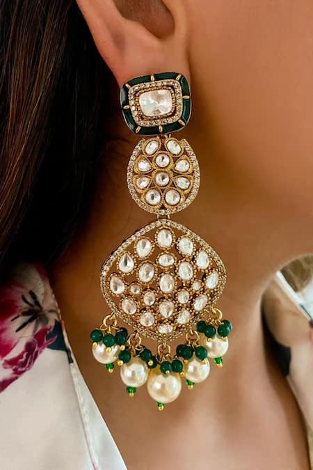 Shop PRERTO Green Pearls, Beads Maharani Meena Kundan Necklace Set at Aza Fashions Shop_PRERTO_Green Pearls, Beads Maharani Meena Kundan Necklace Set _at_Aza_Fashions