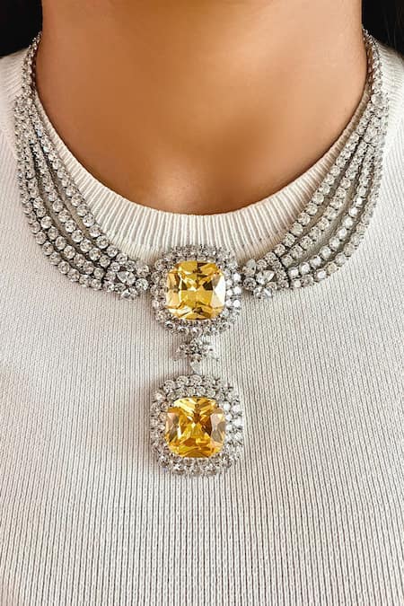 PRERTO Yellow Stones Layered Citrine Dual Drop Necklace Set 