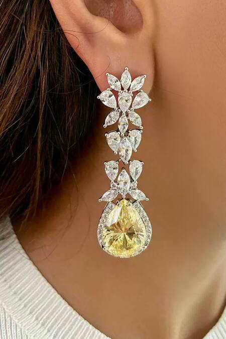 Shop_PRERTO_Yellow Crystals, Cut Work Citrine Elliptic Dimonte Necklace Set _at_Aza_Fashions