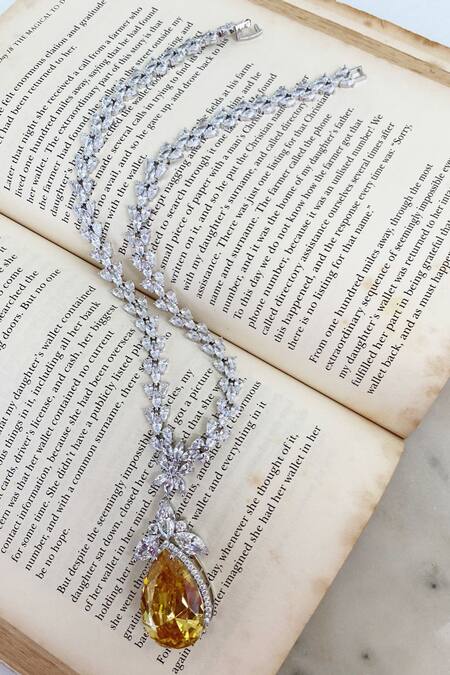 PRERTO_Yellow Crystals, Cut Work Citrine Elliptic Dimonte Necklace Set _Online_at_Aza_Fashions