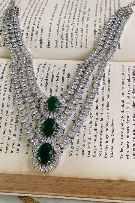 PRERTO_Green Diamonds, Stones Triple Layered Emerald String Necklace Set_Online_at_Aza_Fashions