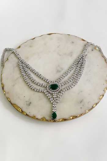 PRERTO_Green Diamonds, Stones Triple Layered Tear Drop Emerald Necklace Set_Online_at_Aza_Fashions
