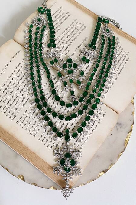 PRERTO_Green Diamonds, Stones Quad Layered Statement Chandelier Emerald Necklace Set_Online_at_Aza_Fashions