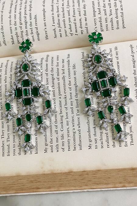 Buy_PRERTO_Green Diamonds, Stones Quad Layered Statement Chandelier Emerald Necklace Set_Online_at_Aza_Fashions