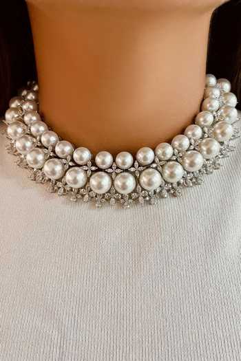 PRERTO_Silver Plated Crystals, Pearls, Faux Maharani Four Layered And Necklace Set _Online_at_Aza_Fashions