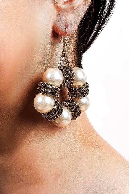 Rejuvenate Jewels_White Metallic Thread, Pearls Flower Essence Earrings _Online_at_Aza_Fashions