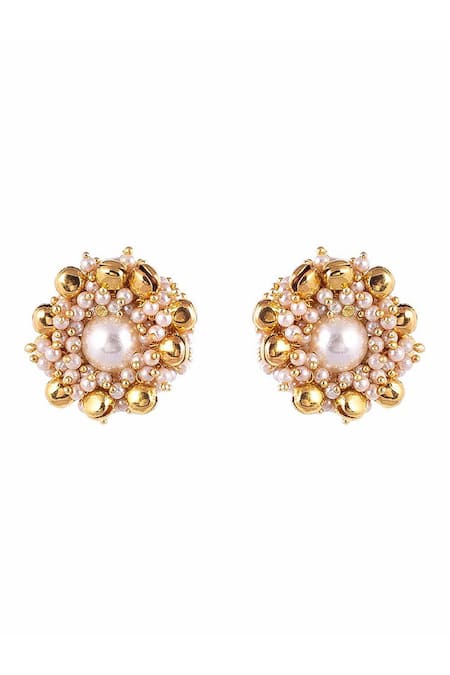 Shop Rejuvenate Jewels White Pearls, Gota Patti Sheesh Earrings at Aza Fashions Shop_Rejuvenate Jewels_White Pearls, Gota Patti Sheesh Earrings _at_Aza_Fashions