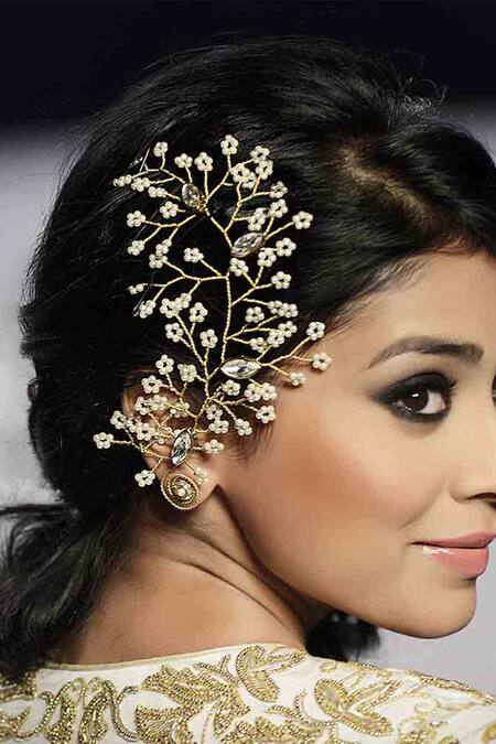 Rejuvenate Jewels White Pearls, Beads Floral Carved Ear Cuff Online at Aza Fashions Rejuvenate Jewels_White Pearls, Beads Floral Carved Ear Cuff _Online_at_Aza_Fashions