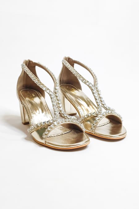 Shop The Alter Gold Rhinestones Embellished Block Heels at Aza Fashions Shop_The Alter_Gold Rhinestones Embellished Block Heels _at_Aza_Fashions