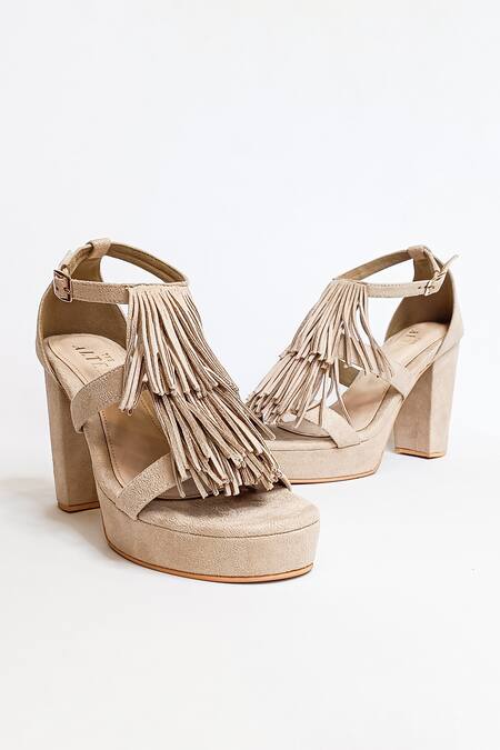The Alter_Beige Tasseled Platform Block Heels _Online_at_Aza_Fashions