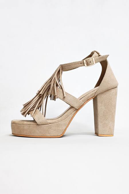 Buy_The Alter_Beige Tasseled Platform Block Heels _Online_at_Aza_Fashions