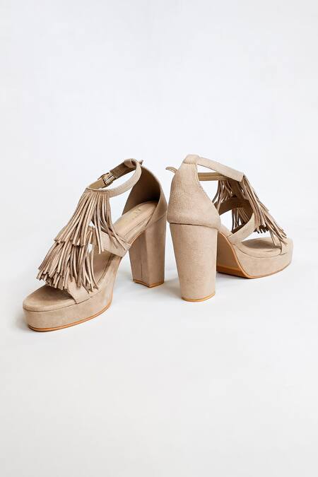 The Alter_Beige Tasseled Platform Block Heels _at_Aza_Fashions