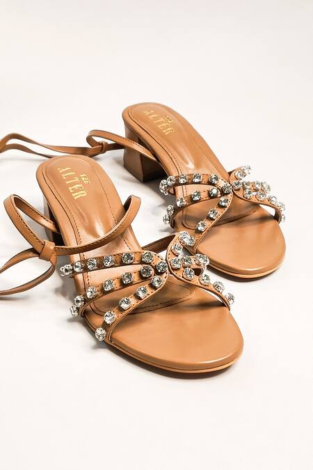 The Alter_Beige Rhinestones Embellished Strappy Tie-up Block Heels _Online_at_Aza_Fashions