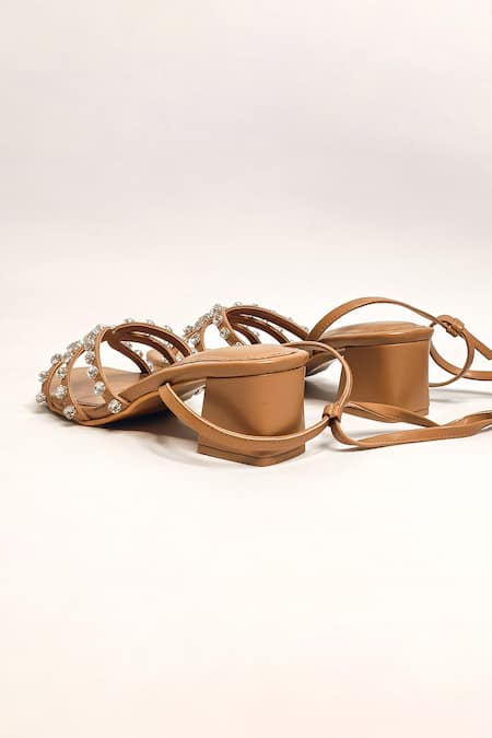 Shop_The Alter_Beige Rhinestones Embellished Strappy Tie-up Block Heels _Online_at_Aza_Fashions