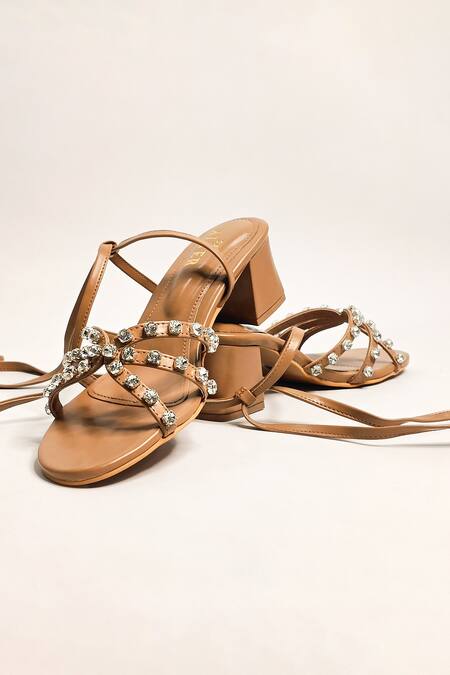 Buy_The Alter_Beige Rhinestones Embellished Strappy Tie-up Block Heels 