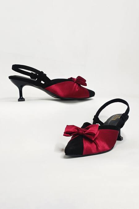 Shop The Alter Black Bows Pointed Toe Satin Pyramid Heels Shop_The Alter_Black Bows Pointed Toe Satin Pyramid Heels