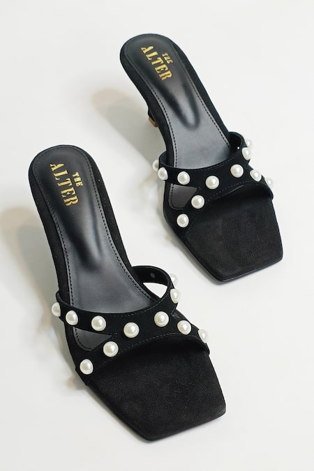 THE ALTER Black Pearl T-shaped Embellished Stilletos 