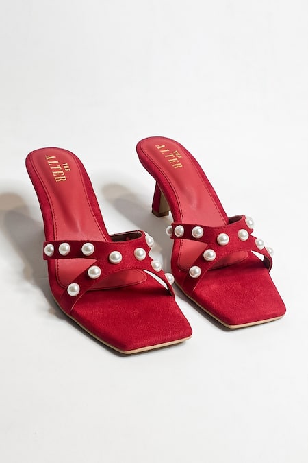 Shop The Alter Red Pearl T-shaped Embellished Heels at Aza Fashions Shop_The Alter_Red Pearl T-shaped Embellished Heels _at_Aza_Fashions