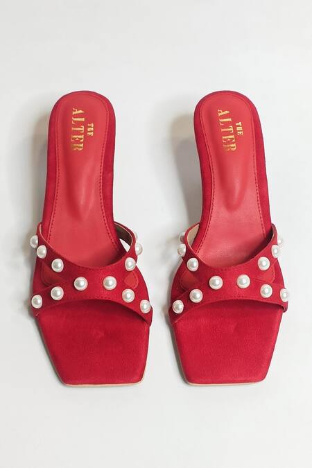 The Alter Red Pearl T-shaped Embellished Heels Online at Aza Fashions The Alter_Red Pearl T-shaped Embellished Heels _Online_at_Aza_Fashions