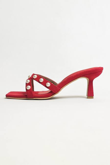 Shop The Alter Red Pearl T-shaped Embellished Heels Online at Aza Fashions Shop_The Alter_Red Pearl T-shaped Embellished Heels _Online_at_Aza_Fashions