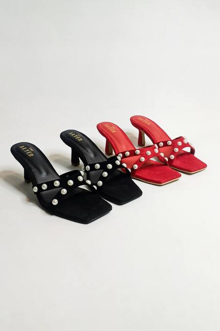 Buy The Alter Red Pearl T-shaped Embellished Heels Buy_The Alter_Red Pearl T-shaped Embellished Heels
