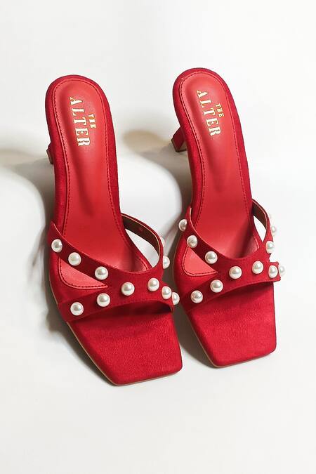 Shop The Alter Red Pearl T-shaped Embellished Heels Shop_The Alter_Red Pearl T-shaped Embellished Heels