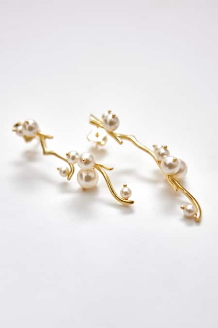Voyce Jewellery_White Pearls Gesha Branch Carved Earrings _Online_at_Aza_Fashions