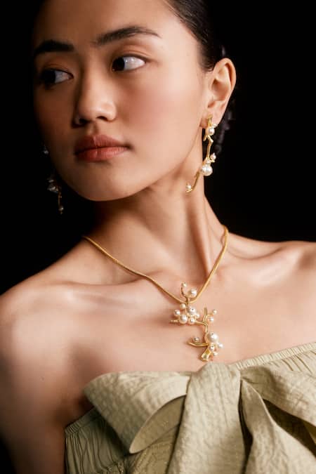 Buy_Voyce Jewellery_White Pearls Gesha Branch Carved Earrings _Online_at_Aza_Fashions