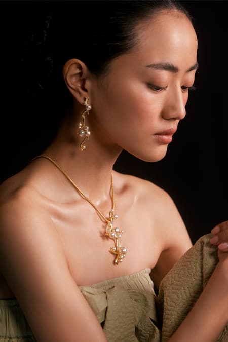 Shop_Voyce Jewellery_White Pearls Gesha Branch Carved Earrings _Online_at_Aza_Fashions