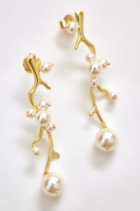 Voyce Jewellery White Pearl Berries Abstract Carved Earrings 