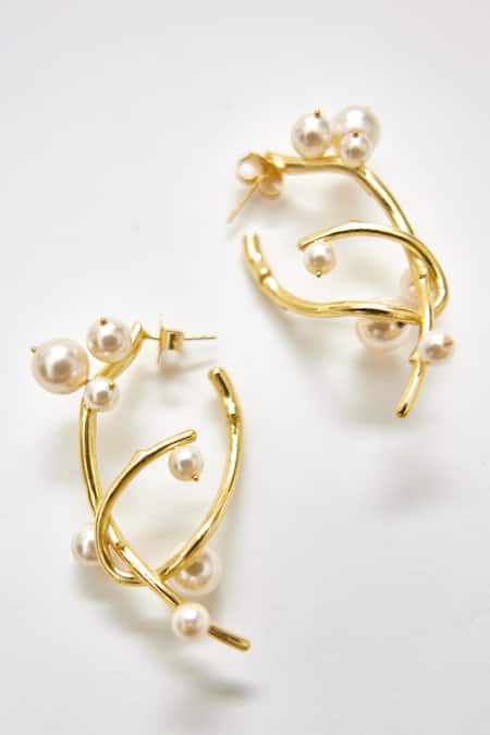 Buy Voyce Jewellery White Pearls Mocha Branch Carved Hoops Online at Aza Fashions Buy_Voyce Jewellery_White Pearls Mocha Branch Carved Hoops _Online_at_Aza_Fashions