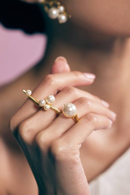 Voyce Jewellery White Pearls Gesha Branch Carved Ring Online at Aza Fashions Voyce Jewellery_White Pearls Gesha Branch Carved Ring_Online_at_Aza_Fashions