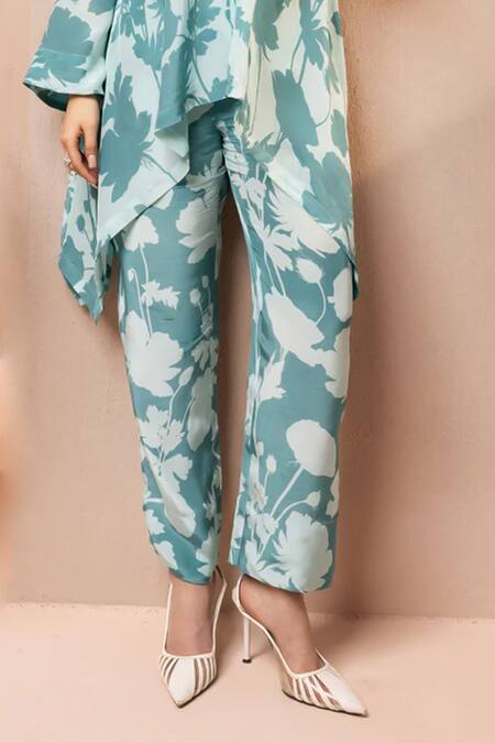Dohr India Blue Crepe Bandeau Neck Floral Print Asymmetric Tunic With Pant Online at Aza Fashions Dohr India_Blue Crepe Bandeau Neck Floral Print Asymmetric Tunic With Pant _Online_at_Aza_Fashions