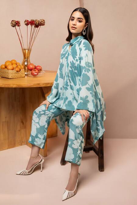 Buy Dohr India Blue Crepe Bandeau Neck Floral Print Asymmetric Tunic With Pant Online at Aza Fashions Buy_Dohr India_Blue Crepe Bandeau Neck Floral Print Asymmetric Tunic With Pant _Online_at_Aza_Fashions