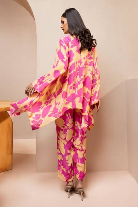 Shop Dohr India Pink Crepe Collared Floral Print Asymmetric Tunic And Pant Set at Aza Fashions Shop_Dohr India_Pink Crepe Collared Floral Print Asymmetric Tunic And Pant Set _at_Aza_Fashions