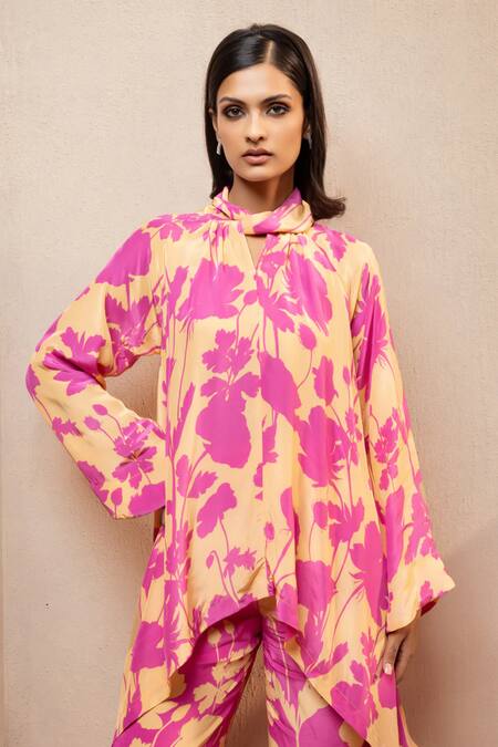 Buy Dohr India Pink Crepe Collared Floral Print Asymmetric Tunic And Pant Set Online at Aza Fashions Buy_Dohr India_Pink Crepe Collared Floral Print Asymmetric Tunic And Pant Set _Online_at_Aza_Fashions